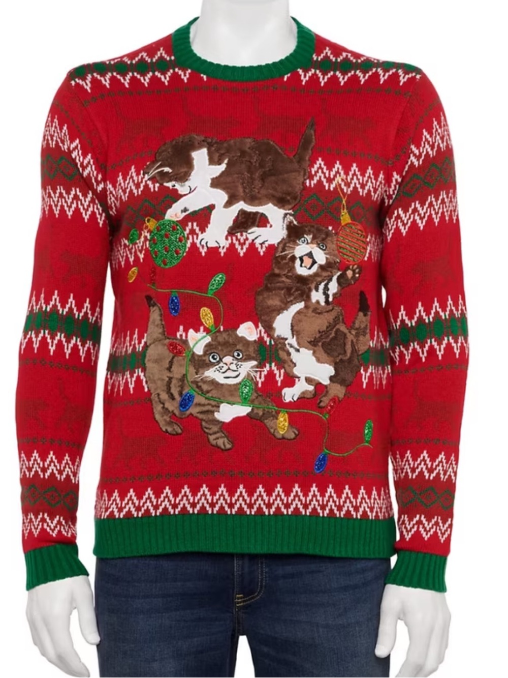 Celebrate Together Men’s Ugly Christmas Sweater Cats Long Sleeve Crewneck